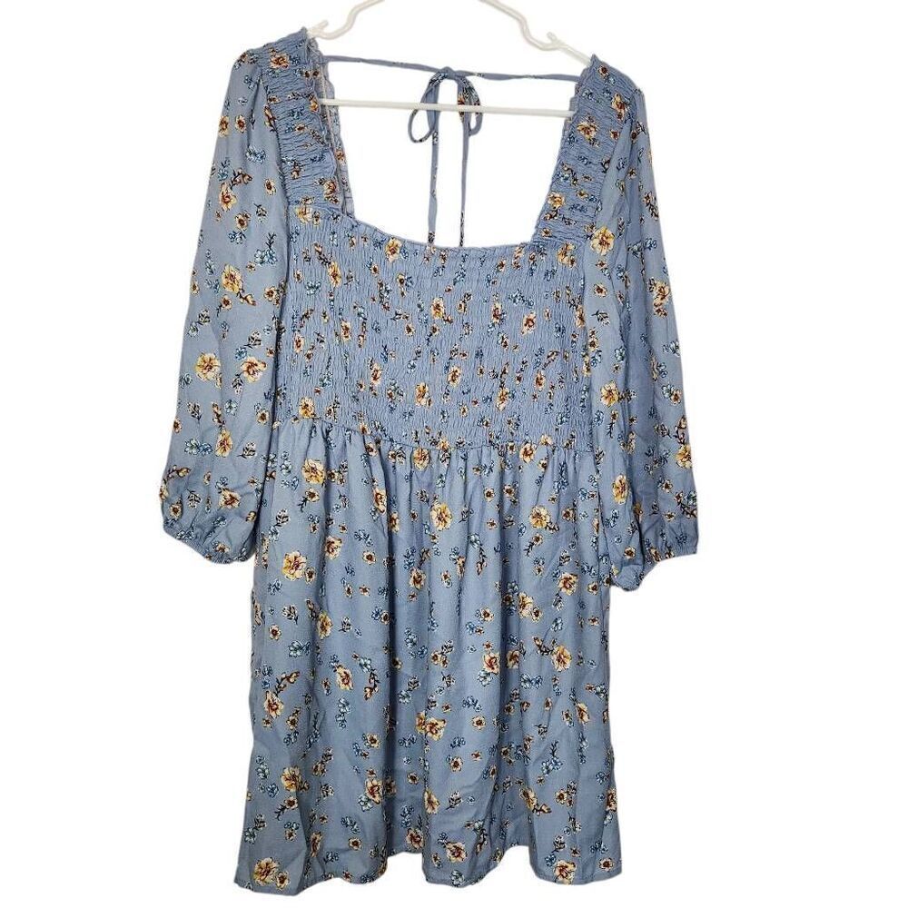 Xhileration floral tunic top blue yellow ruched balloon sleeve Size XL‎